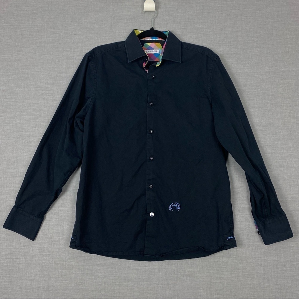 John Lennon Button Up Shirt Sz Large Cotton Black Contrast Collar and Cuff